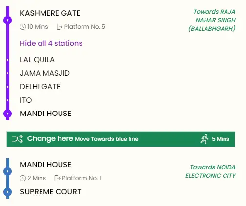 Kashmere Gate to Purana Qila Metro Route