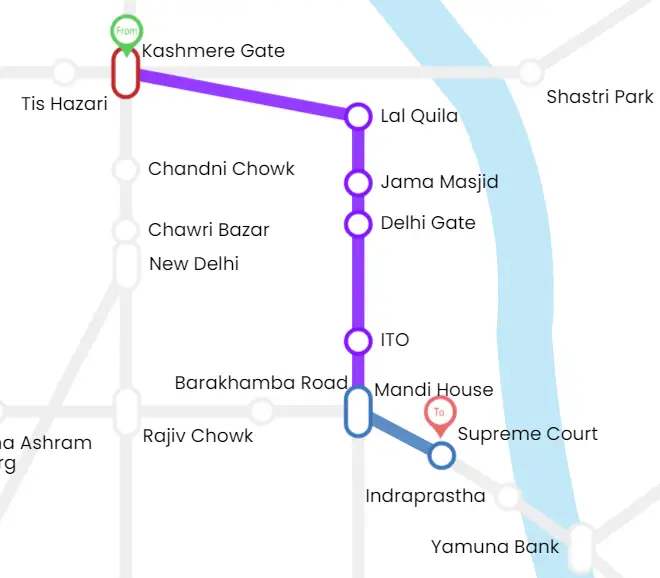 Kashmere Gate to Purana Qila Metro Map