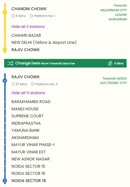 Chandni Chowk to DLF Mall Noida Metro Route
